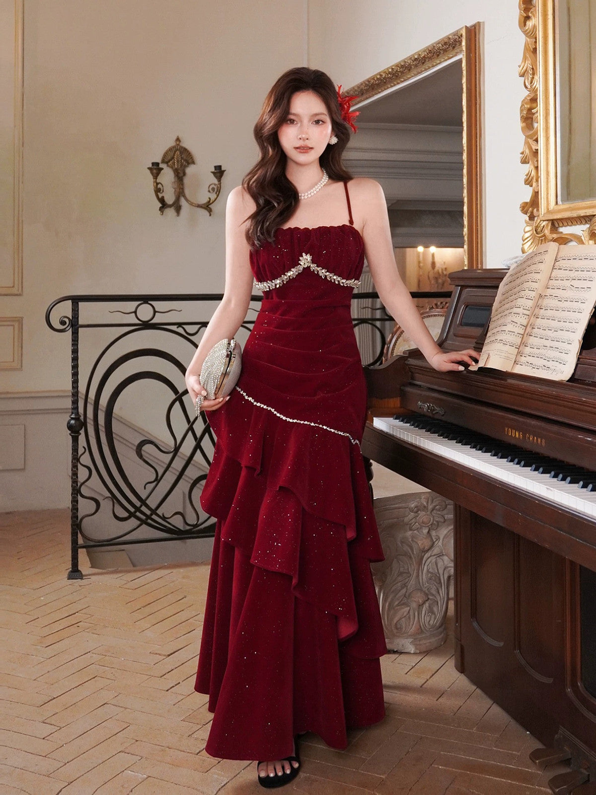 Wine Red Beaded Velvet Layers Straps Long Formal Dress