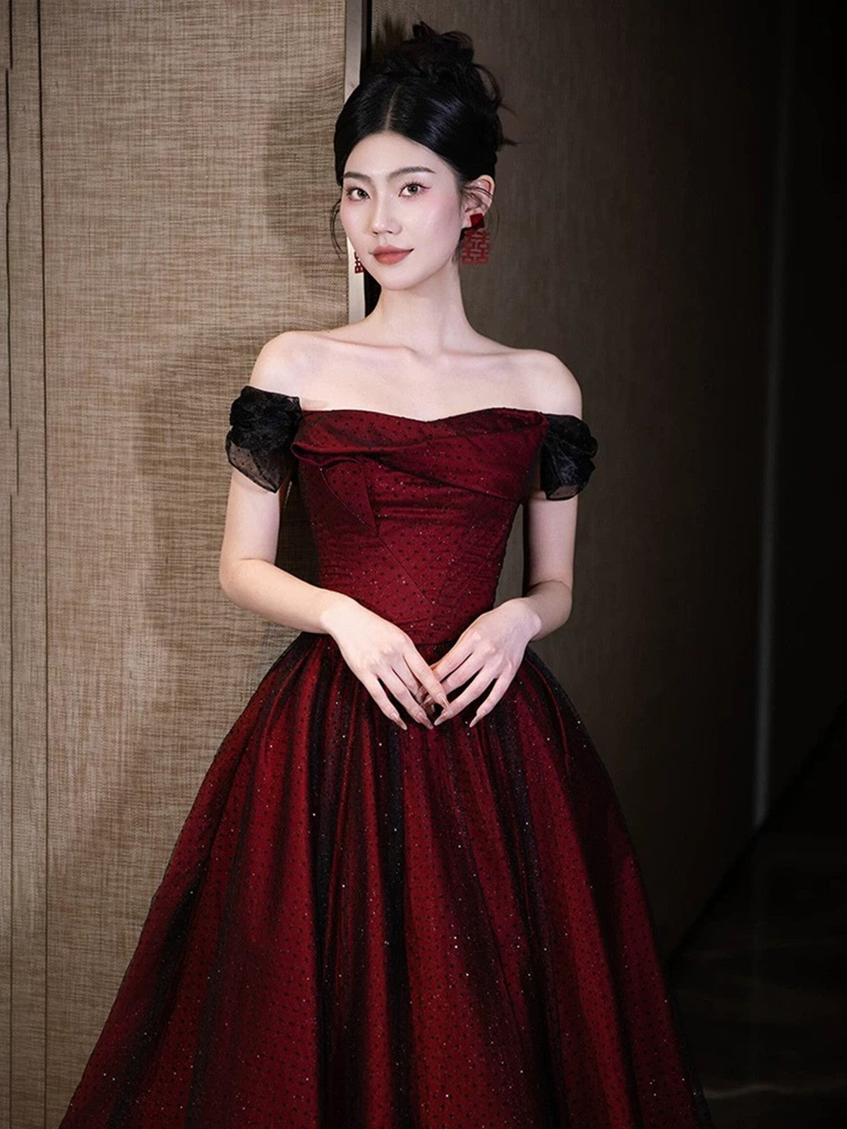 A-line Off Shoulder Black and Red Tulle Floor Length Prom Dress