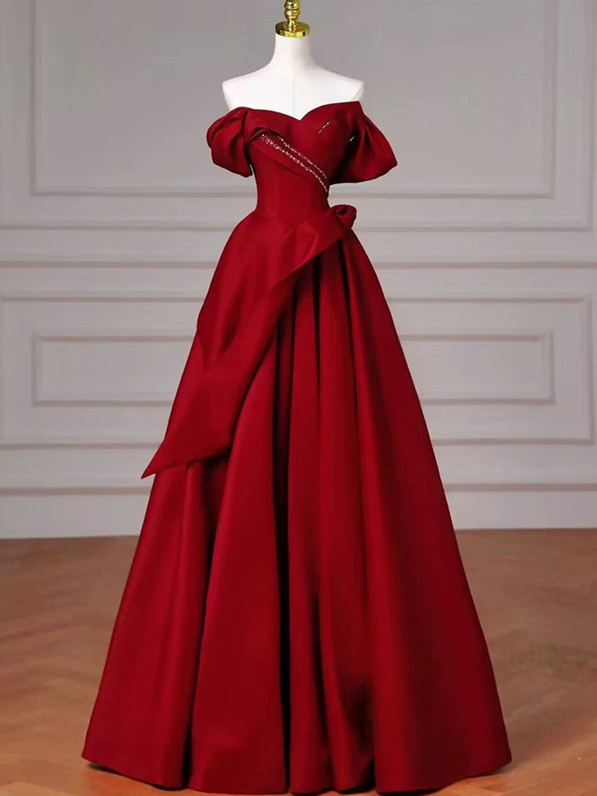 Wine Red Long Off Shoulder Beaded A-line Prom Dress
