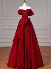 Wine Red Long Off Shoulder Beaded A-line Prom Dress