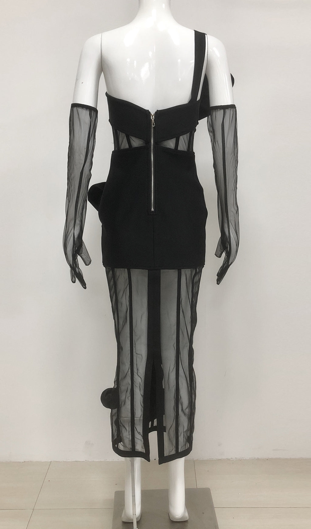 Estella Black Bow Mesh Strapless Bodycon Midi Dress