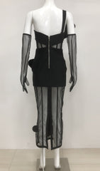 Estella Black Bow Mesh Strapless Bodycon Midi Dress