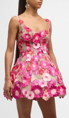 Boyko Dazzling Hot Pink 3D Floral A-Line Mini Dress