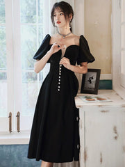 Black Velvet Tea Length Short Sleeves Wedding Party Dress