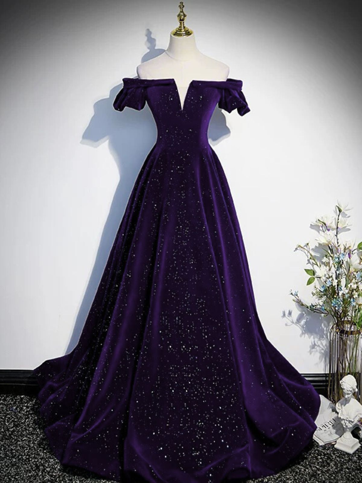 A-line Purple Velvet Off Shoulder Long Prom Dress