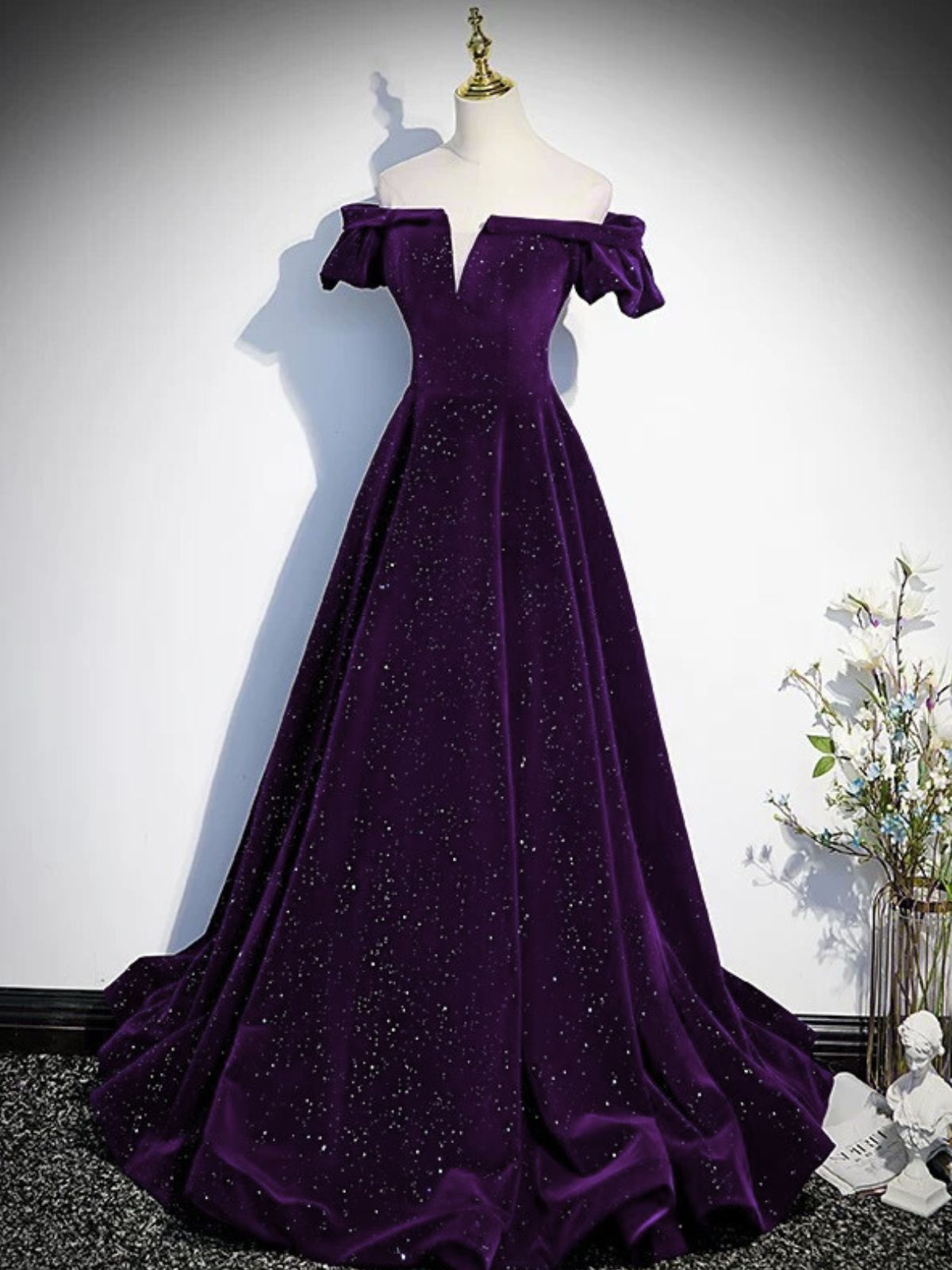 A-line Purple Velvet Off Shoulder Long Prom Dress