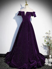 A-line Purple Velvet Off Shoulder Long Prom Dress