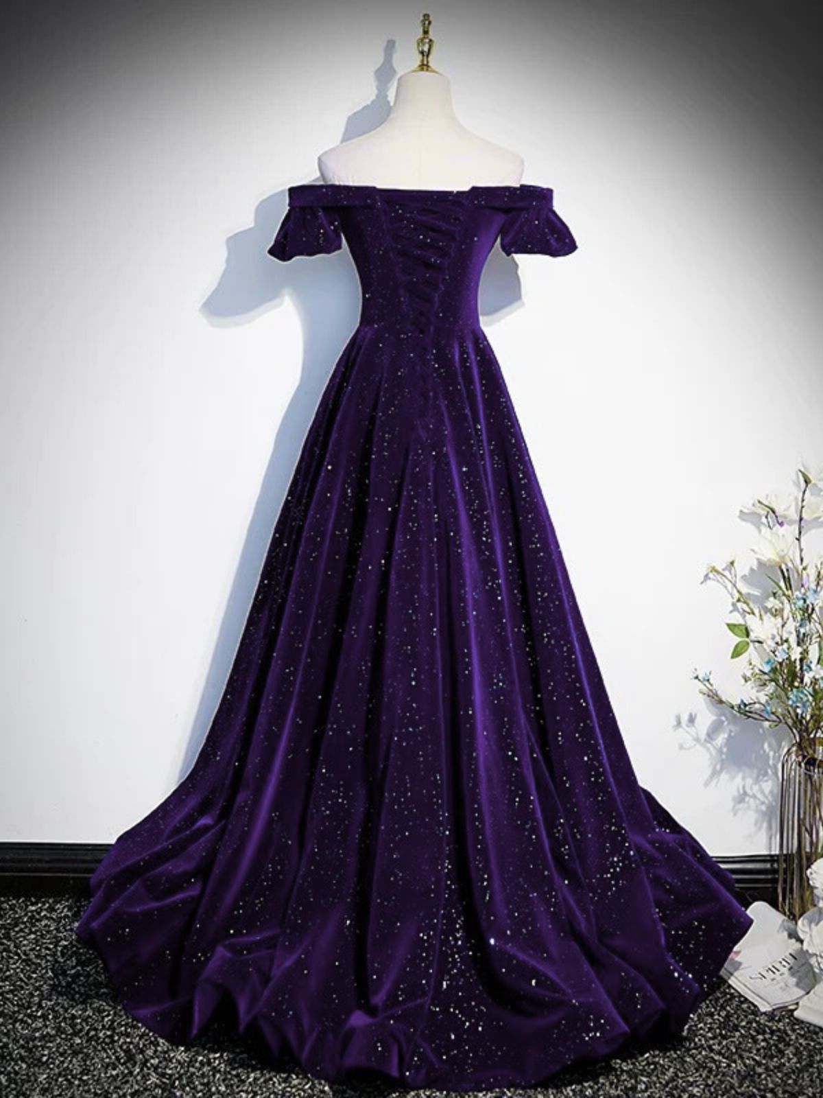 A-line Purple Velvet Off Shoulder Long Prom Dress