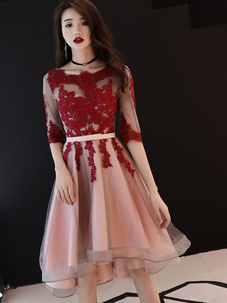 Red and Pink Tulle with Lace Short Sleeves Party Dress