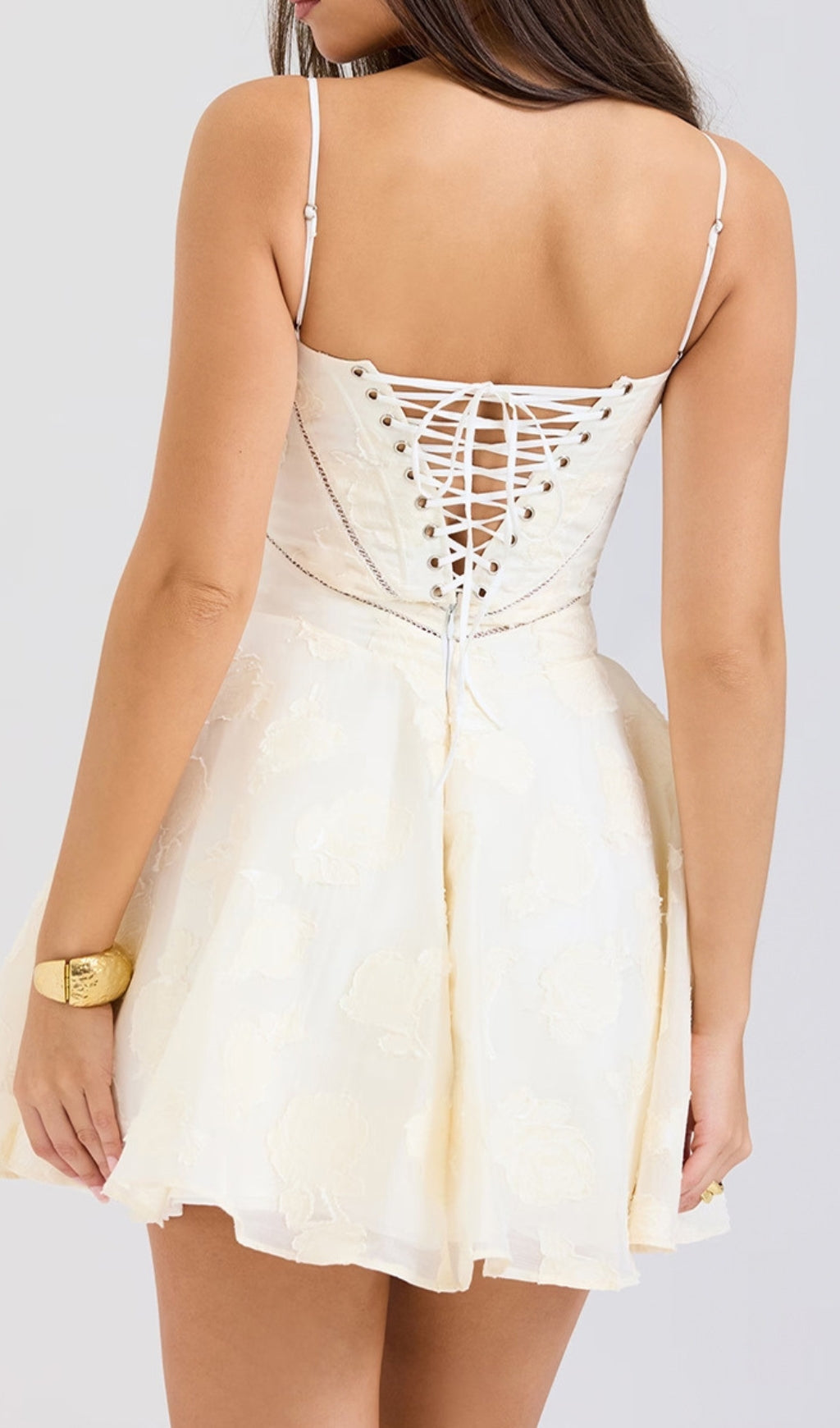 Didina Chic White Floral Jacquard Mini Dress with Corset-Inspired Bodice