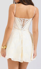 Didina Chic White Floral Jacquard Mini Dress with Corset-Inspired Bodice