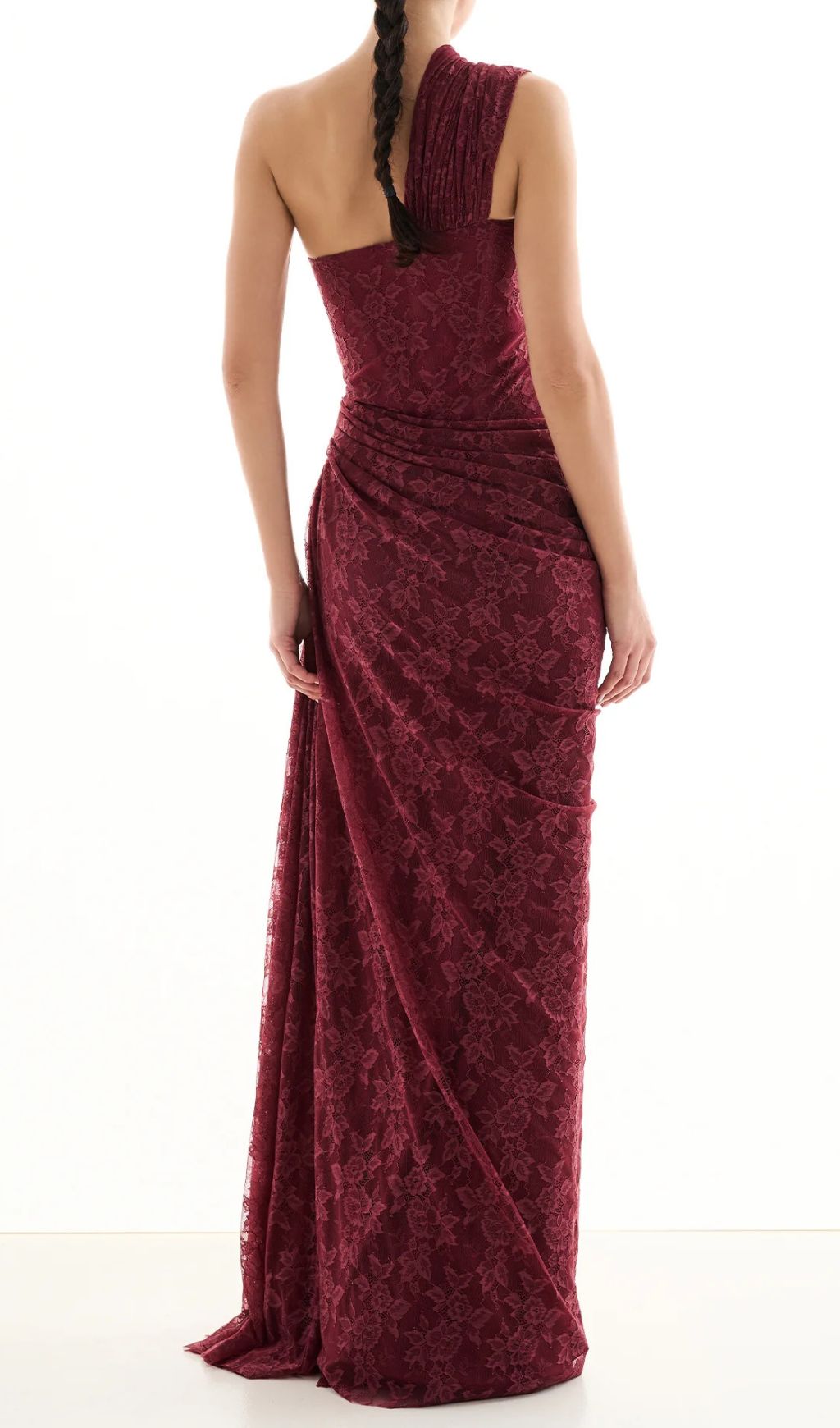 JoJo Wine Lace One-Shoulder Corset Maxi Dress