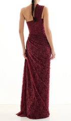 JoJo Wine Lace One-Shoulder Corset Maxi Dress