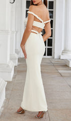 Sparkling Dominica Ivory Crystal Halter Bardot Maxi Gown