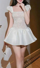 Iraia Elegant White Crochet & Satin Mini Dress