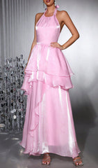 Haloke Shimmer Pink Halter Tiered Ruffle Maxi Dress