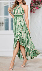 Estacia Vibrant Chic Green Swirl Print Halter Maxi Dress with Ruffles