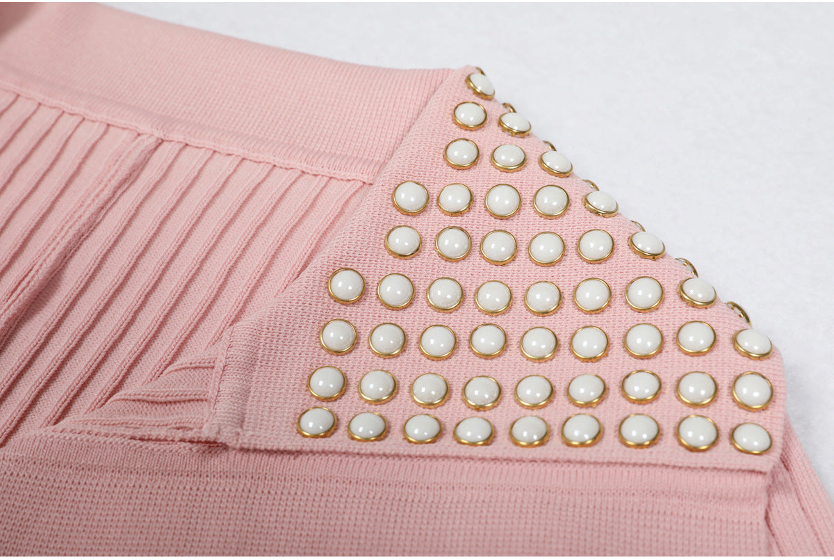 Eliana Embellished Lapel Ribbed Knit Maxi Dress