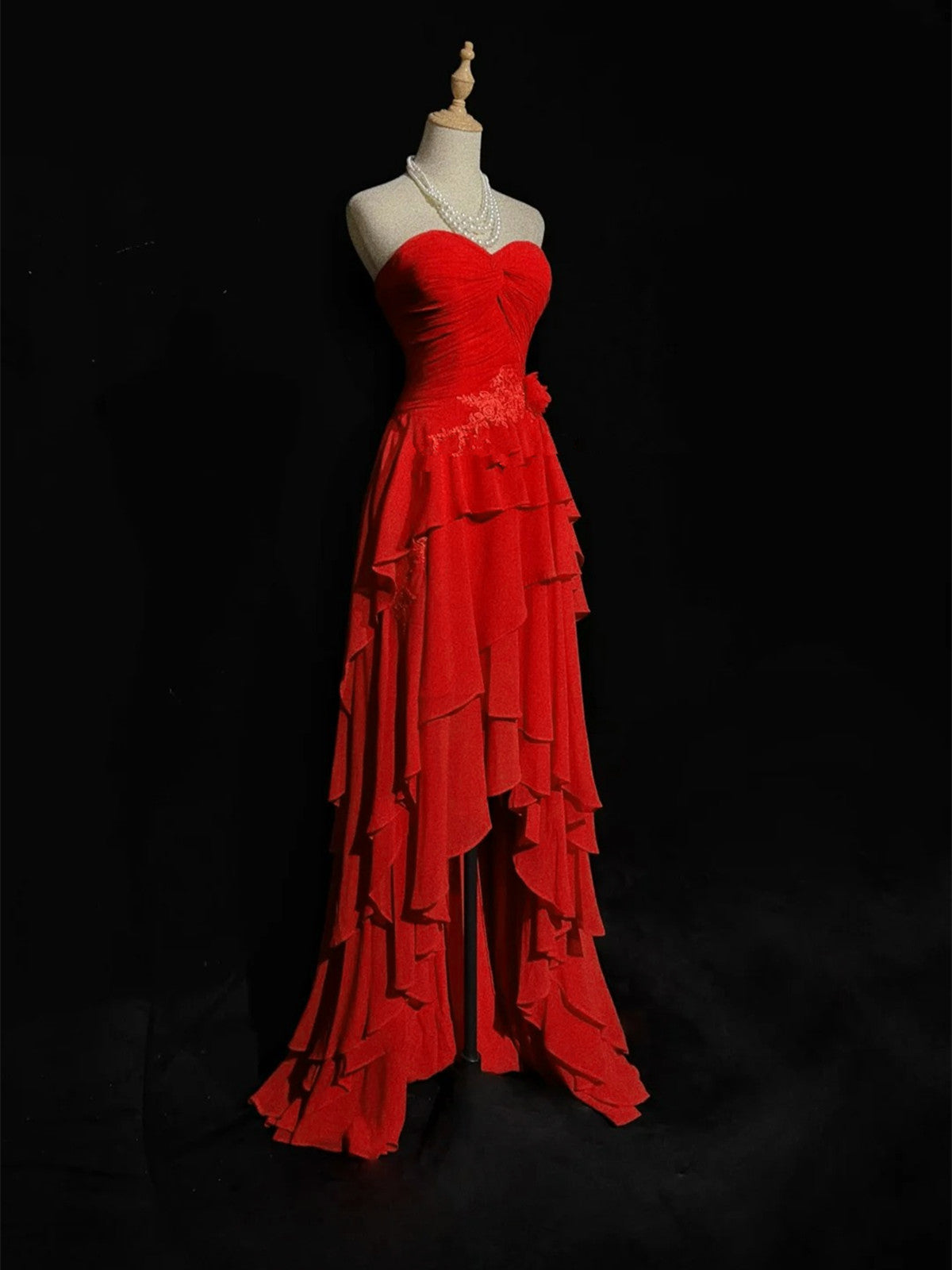 Red Chiffon High Low Layers Party Dress with Lace Applique