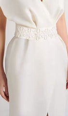 Bogda Elegant V-Neck White Midi Dress with Embellished Waist & Slit