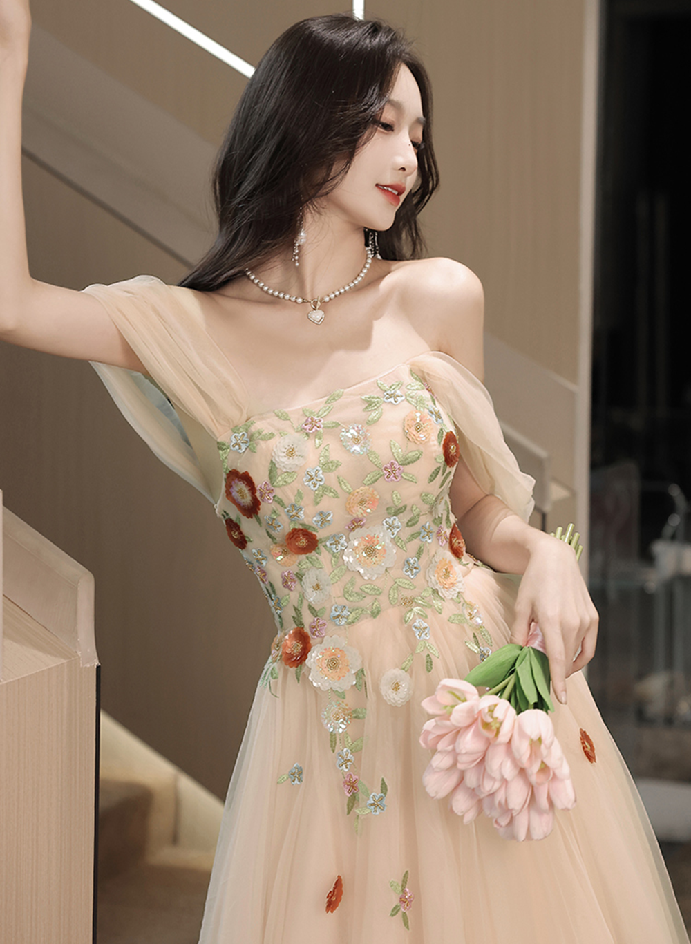Light Champagne A-line Off Shoulder Party Dress