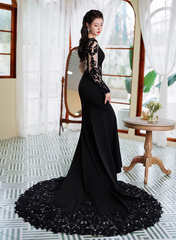 Black Mermaid Long Sleeves with Lace Wedding Party Dress