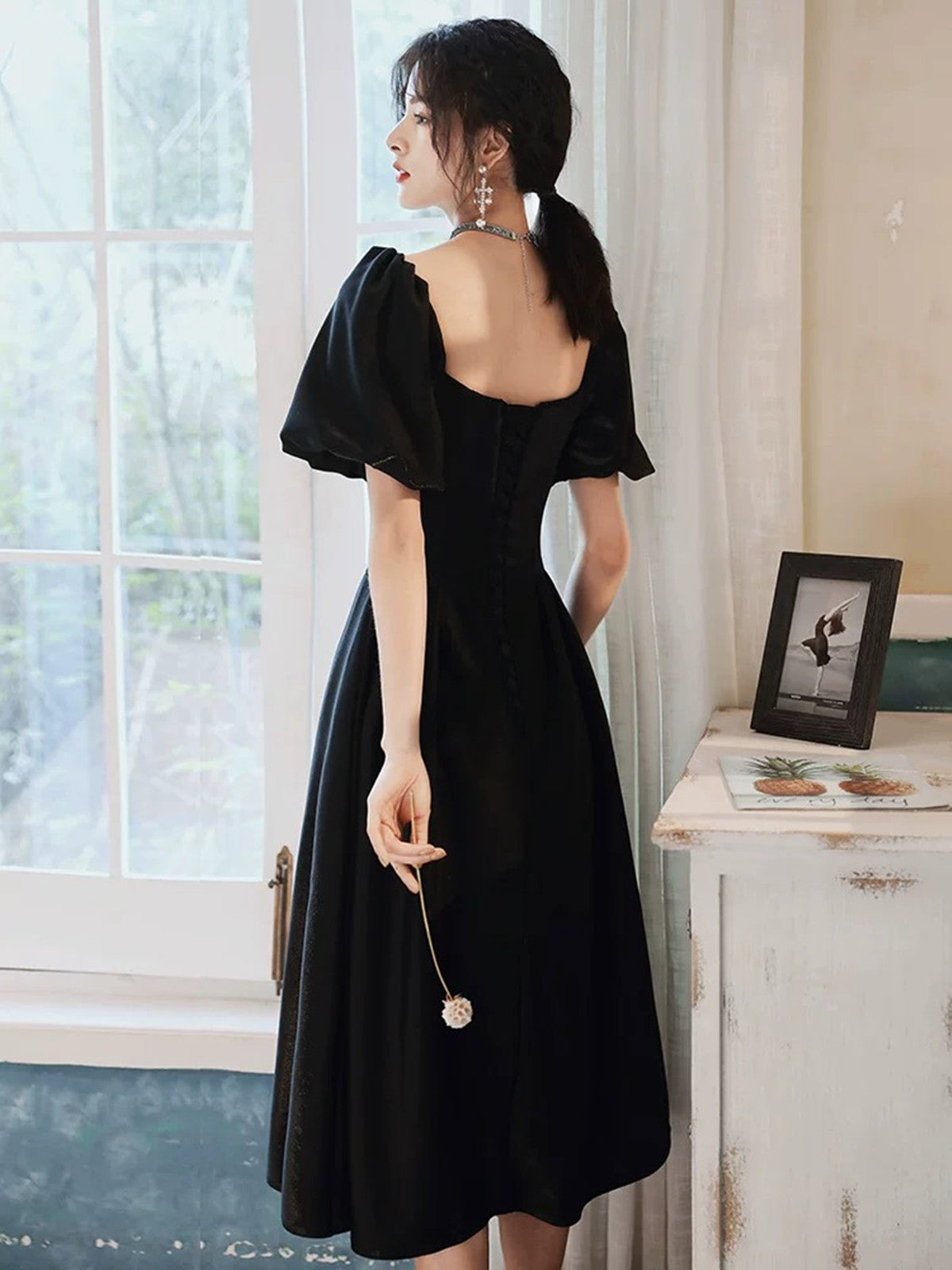 Black Velvet Tea Length Short Sleeves Wedding Party Dress