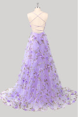 Vestido de fiesta largo morado claro con tirantes en forma de A y espalda cruzada 