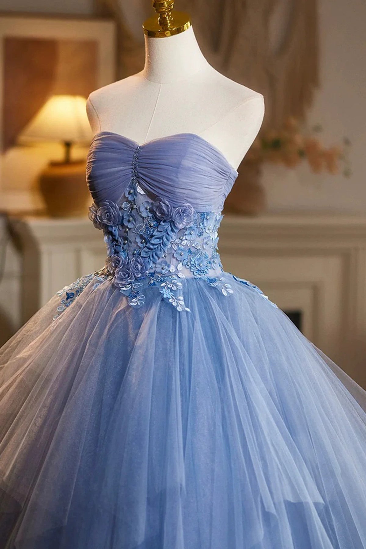 Blue Sweetheart Tulle Strapless Long Prom Dress