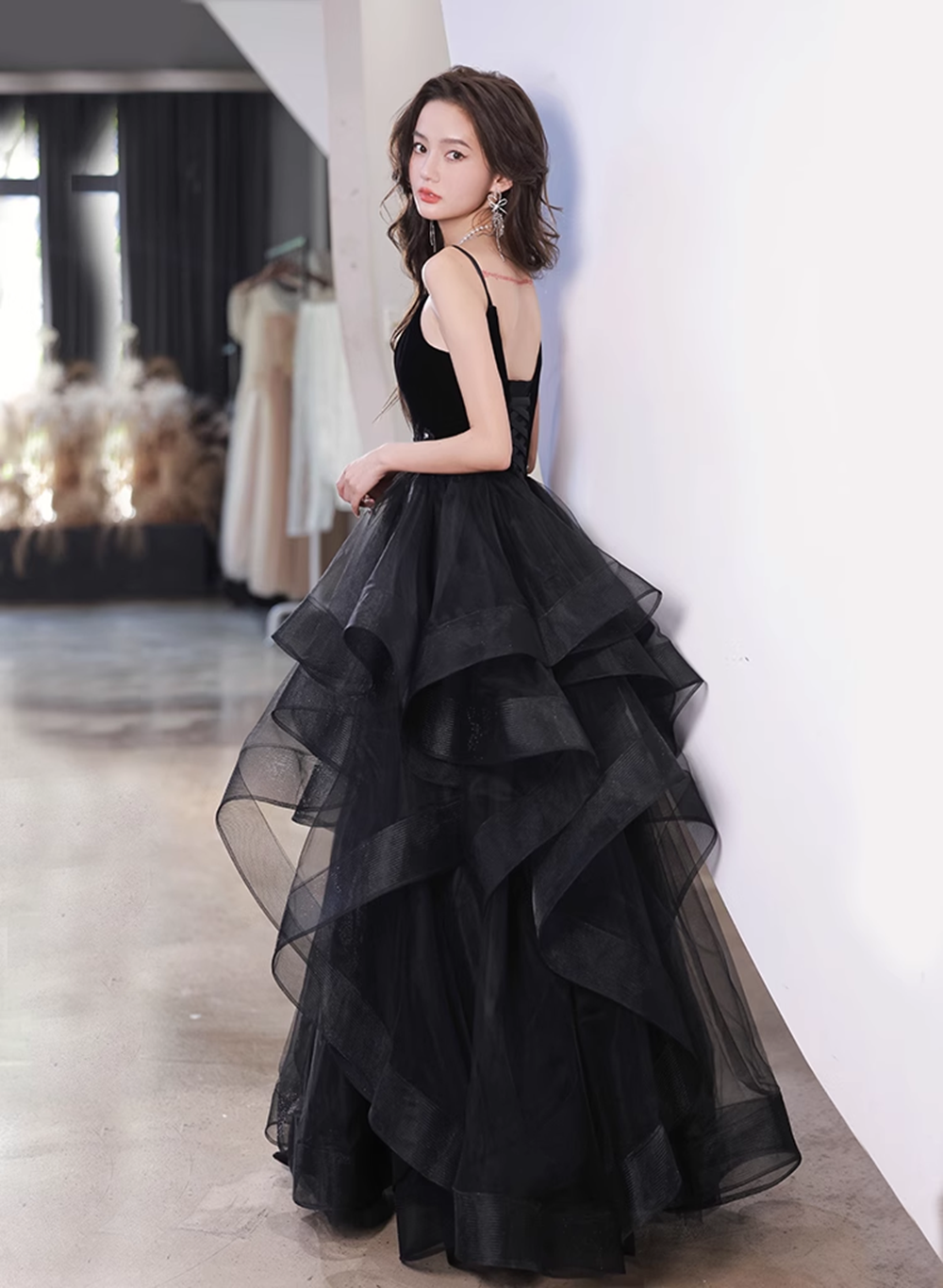 Black Tulle Straps V-neckline Beaded Long Formal Dress