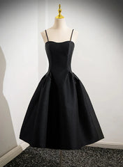 Black Satin Straps Simple Knee Length Party Dress