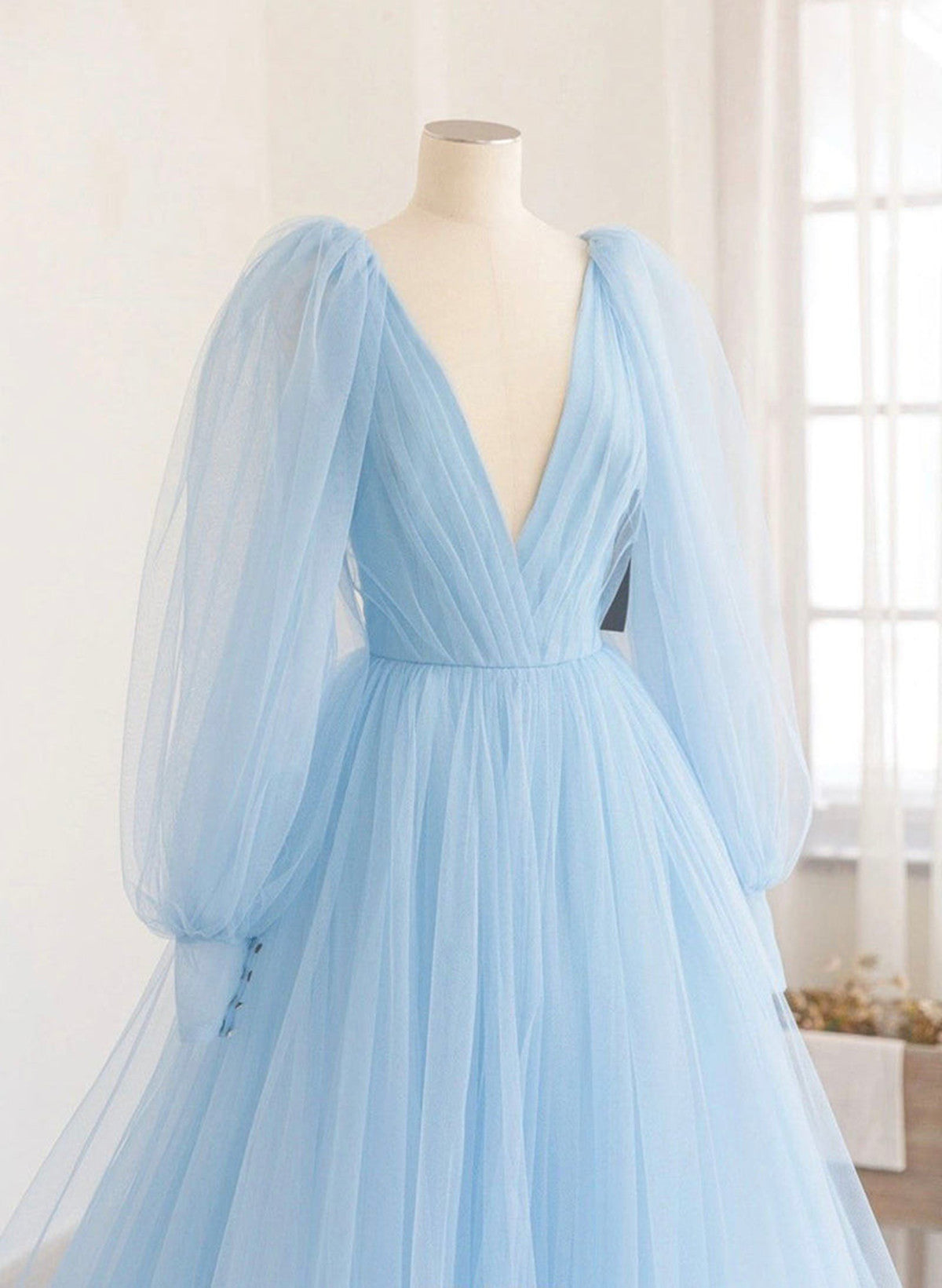 Light Blue Puffy Sleeves Long Formal Dress