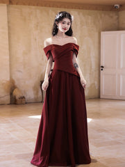 Wine Red A-line Satin Off Shoulder Party Dress