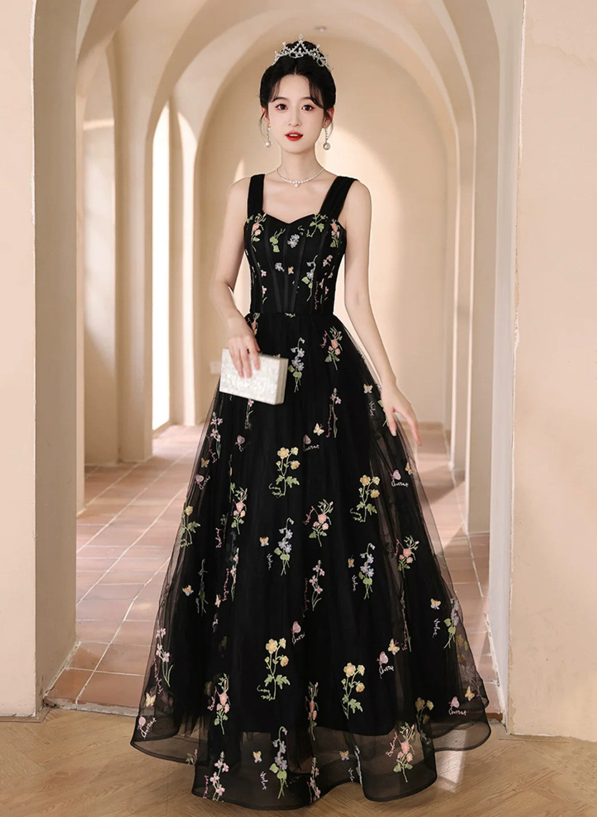 Black Floral Off Shoulder Tulle Long Prom Dress