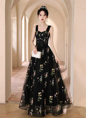 Black Floral Off Shoulder Tulle Long Prom Dress