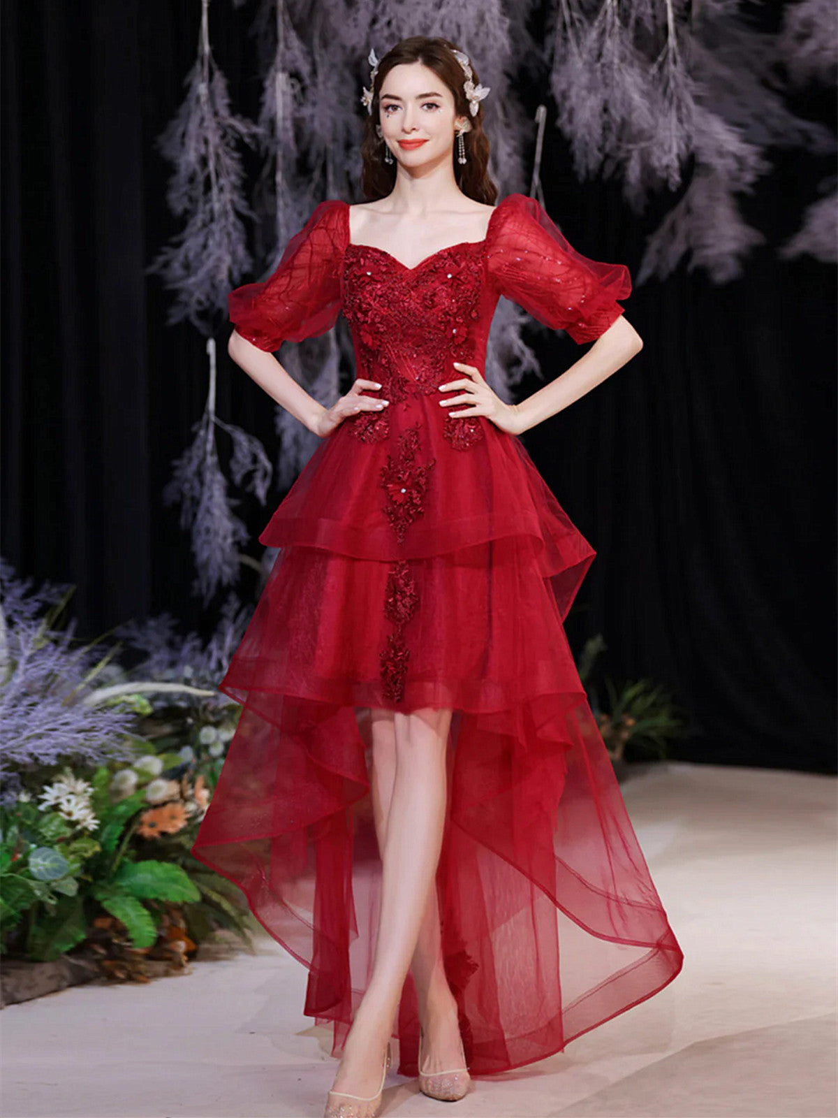 Wine Red Tulle High Low Short Sleeves Party Dress