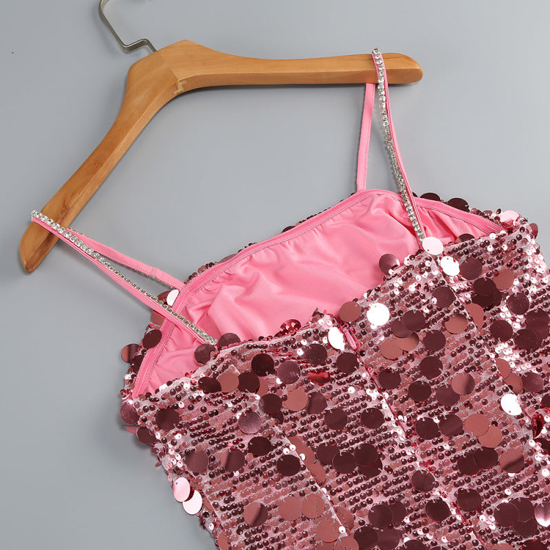 Isabela Dazzling Pink Sequin Mini Dress with Glamorous Chain Straps
