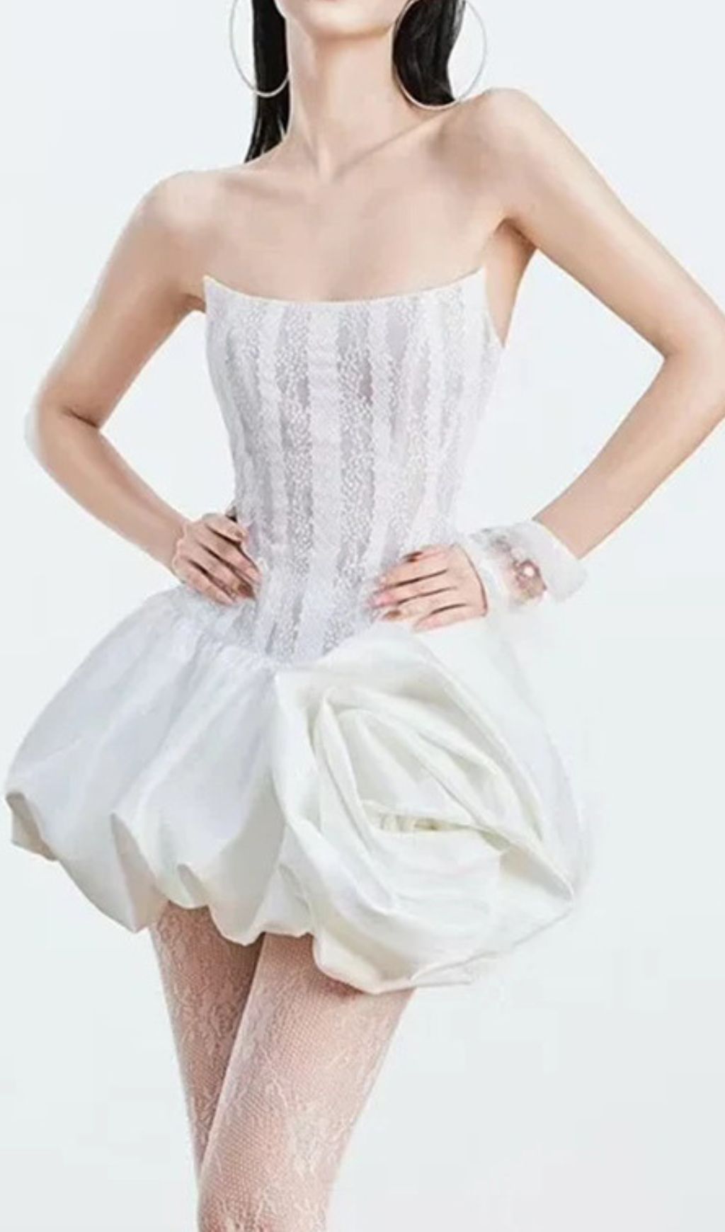 Irene White Strapless Corset Mini Dress with Floral Bubble Skirt