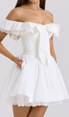 Devona Romantic White Off-Shoulder Bow Mini Dress with Lace Trim