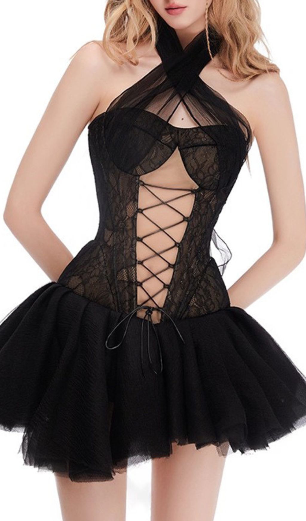 Sultry Isabella Black Halter Lace Mini Dress