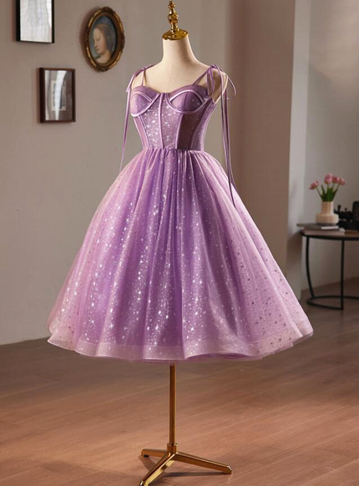 Vestido de fiesta corto de tul con escote en forma de corazón morado 