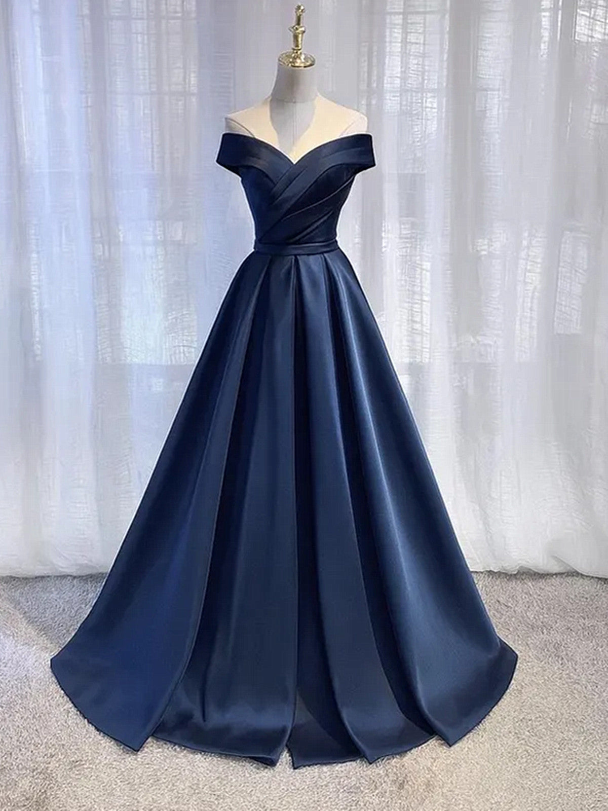 A-line Navy Blue Satin Off Shoulder Long Party Dress