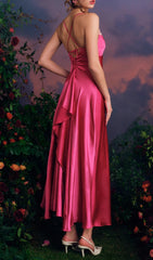 Ehawee Enchanting Rose Red Satin Maxi Dress with Delicate Floral Embroidery