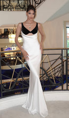 Caroun Elegant White & Black Velvet Bustier Maxi Dress