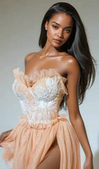 Kalene Enchanting Apricot Strapless Tulle Ruffle Gown