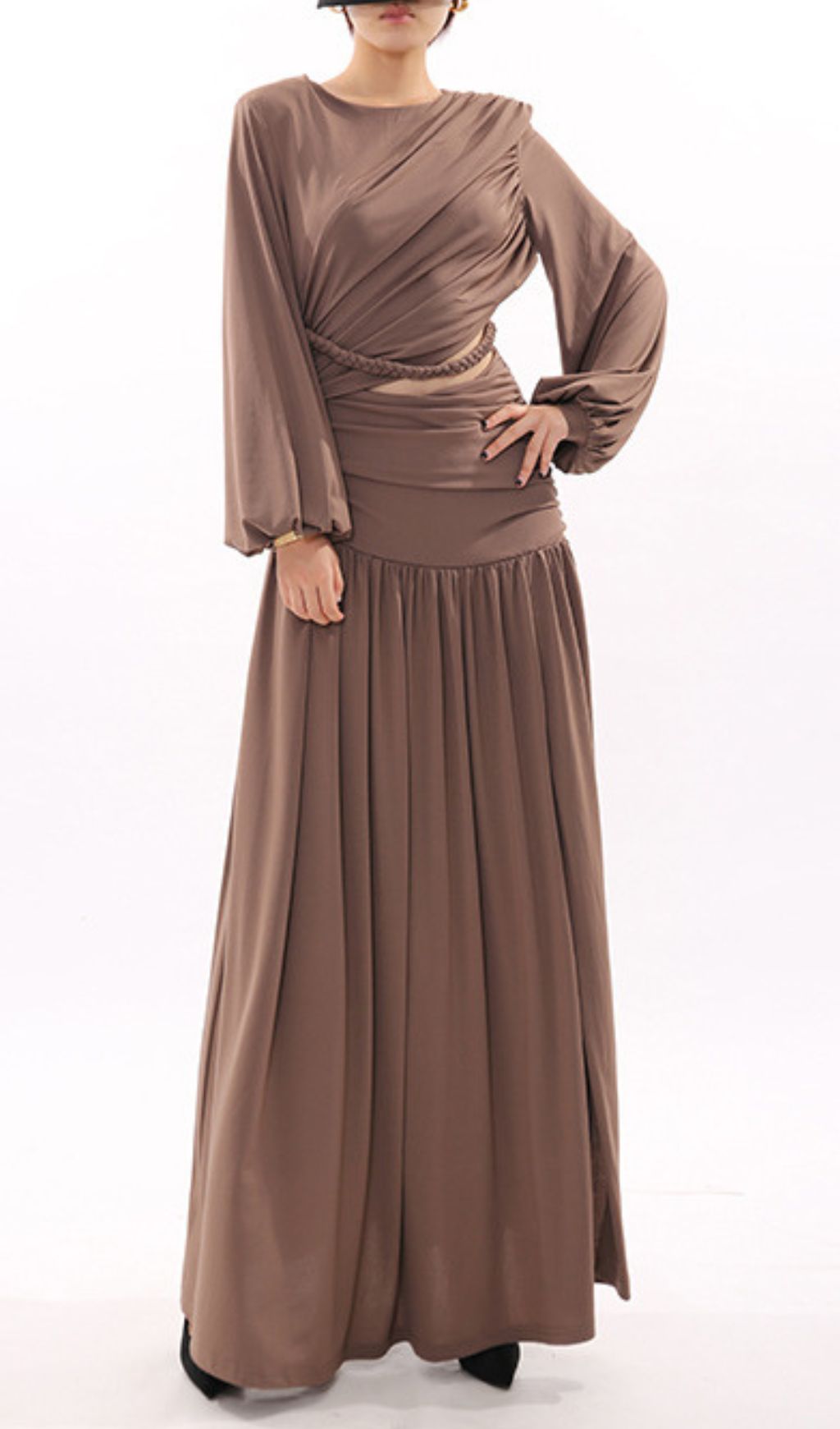Ignacia Draped Long Sleeve Maxi Dress with Braided Waist Cutout