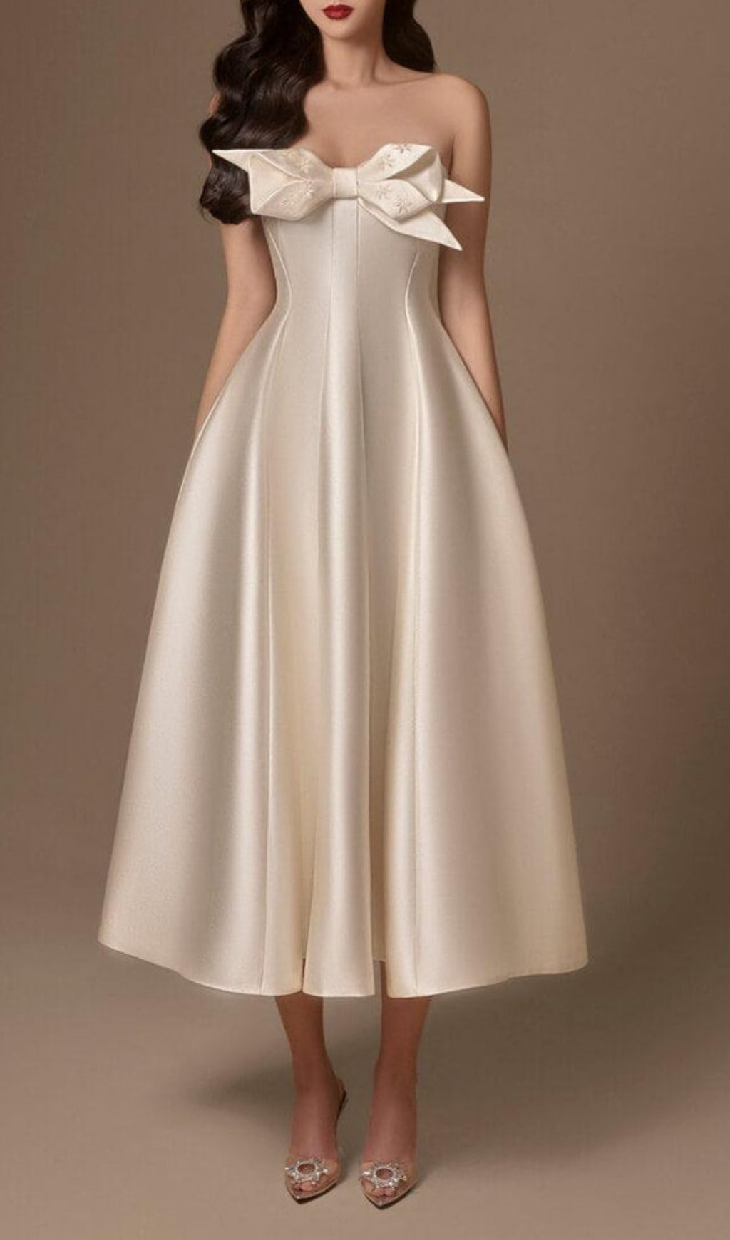Avani Elegant Taffeta Strapless Midi Dress with Statement Bow