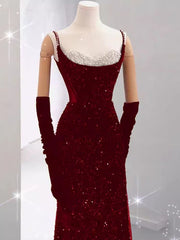 Wine Red Sequins Mermaid Straps Long Formal Dress