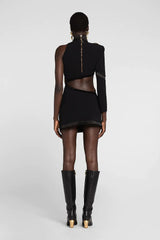 Fierce Panther Head Cut-Out Asymmetric Bandage Mini Dress