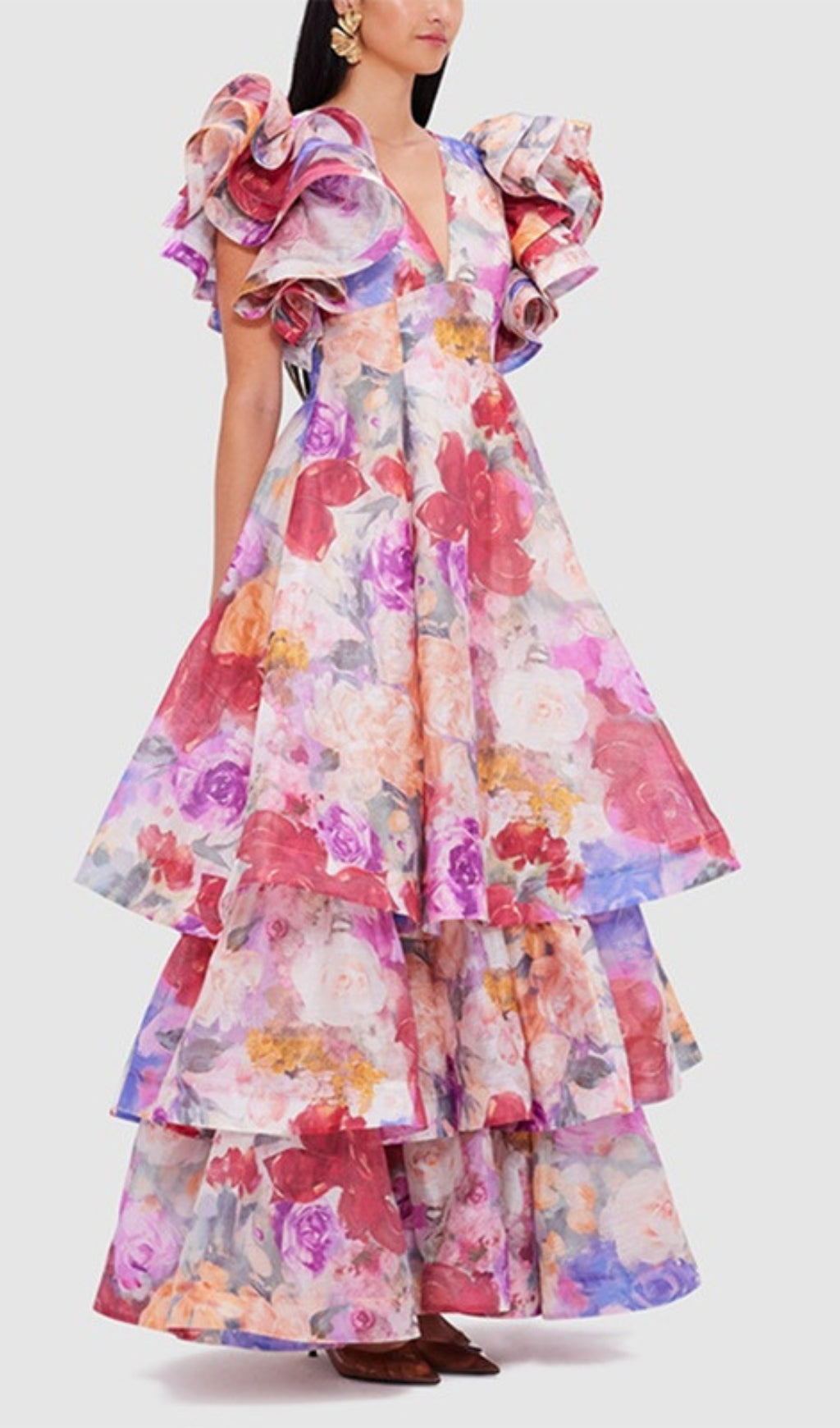Élodie Vibrant Floral Ruffle Tiered Gown